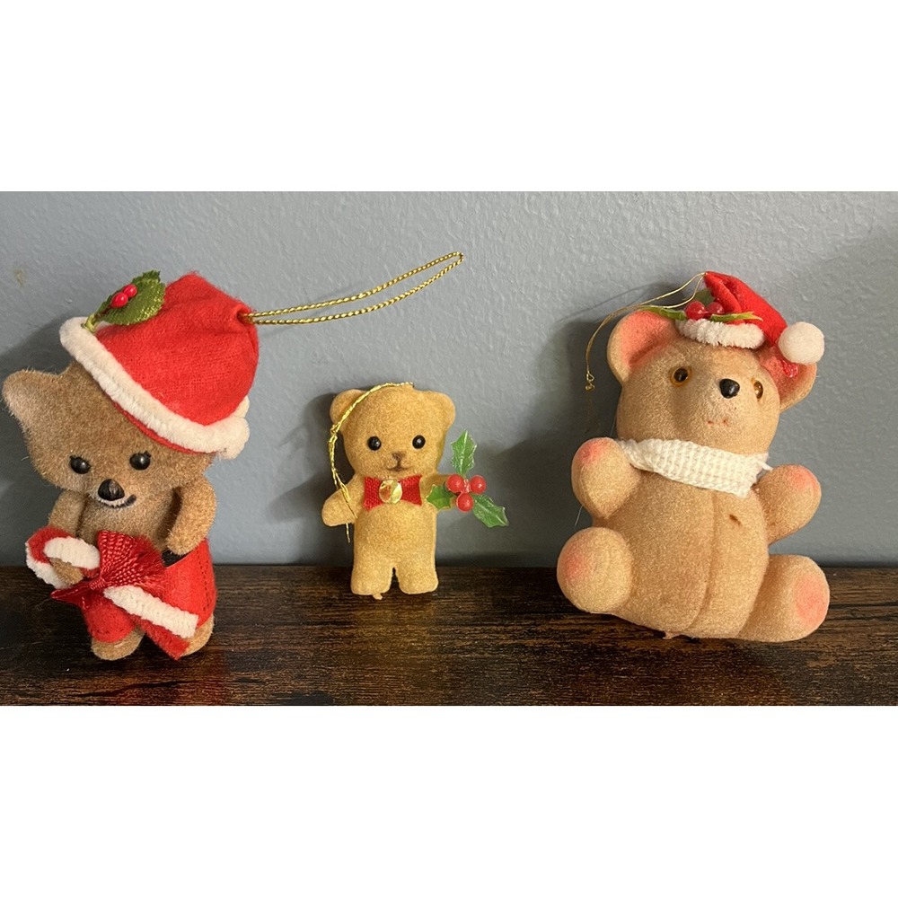 Lot of 3 Vintage Flocked Felt Teddy Bear And Critter Christmas Ornaments